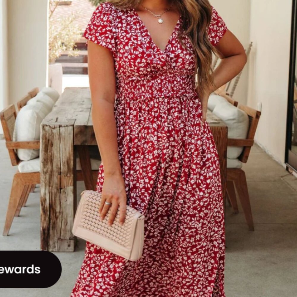 Women's Red Floral Maxi Dress with V-Neck and Smocked Waist